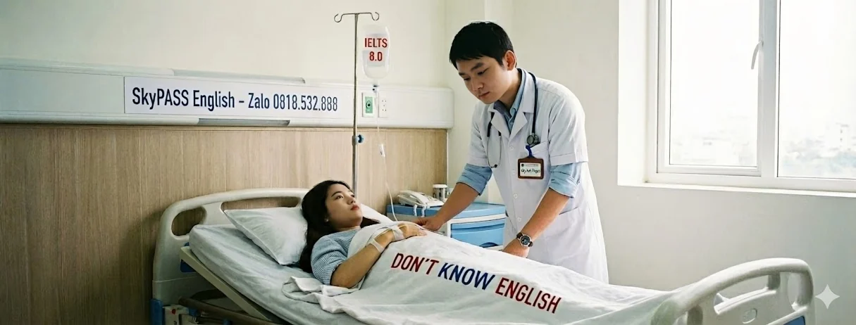 Bệnh nhân đắp chăn ghi DON'T KNOW ENGLISH, bác sĩ đang truyền chai dịch ghi IELTS 8.0